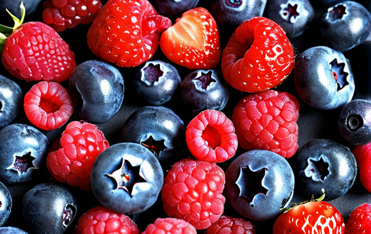**Image Prompt:** Close-up of various colorful berries (blueberries, raspberries, strawberries) scattered, highlighting their vibrant colors and natural texture. Focus on the "antioxidant power" concept. Soft, natural lighting.